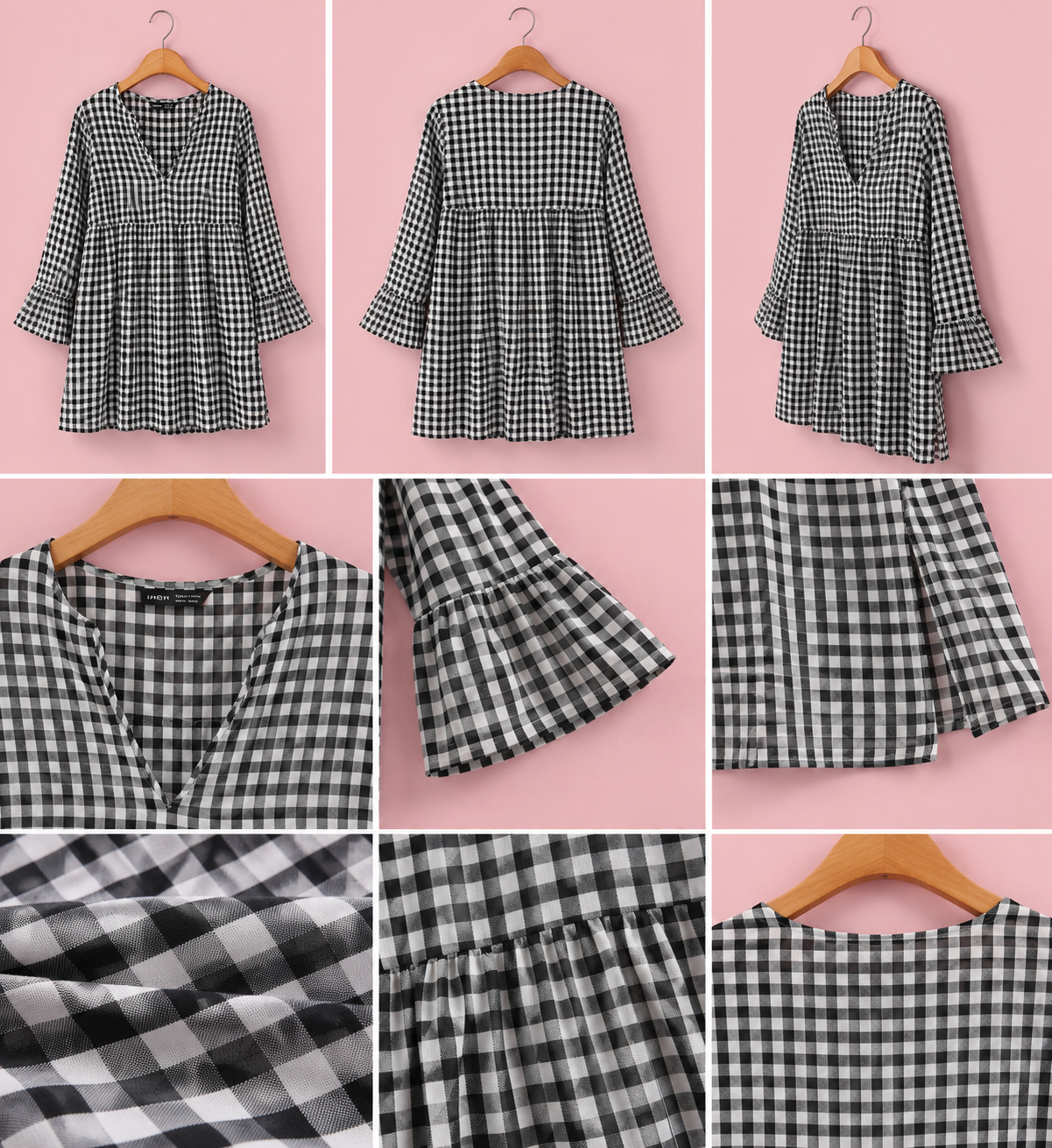 Women's Black and White Gingham Tunic Dress with V-Neckline — Elsayed Qshta