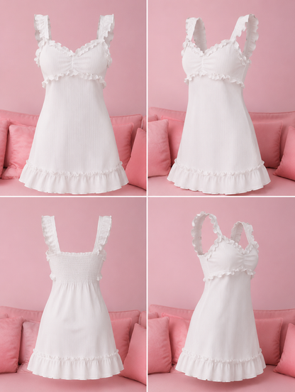 Bonmuse Frill Trim Ruched Bust Ruffle Hem Pajama Nightdress Holiday Seasonfor Summer