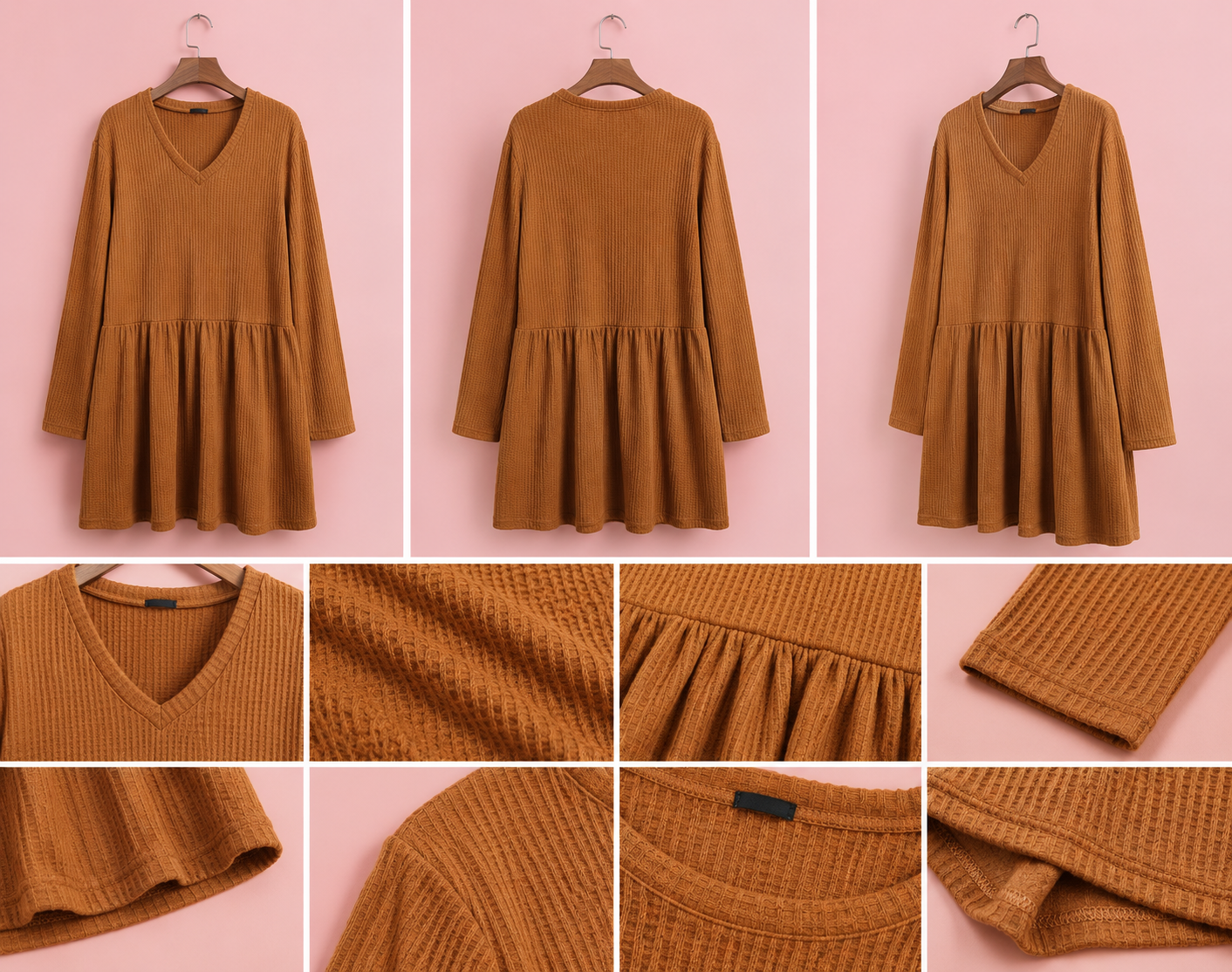 Women's Long Sleeve V-Neck Waffle Knit Smock Dress