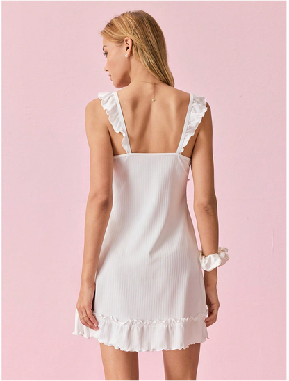 Bonmuse Frill Trim Ruched Bust Ruffle Hem Pajama Nightdress Holiday Seasonfor Summer