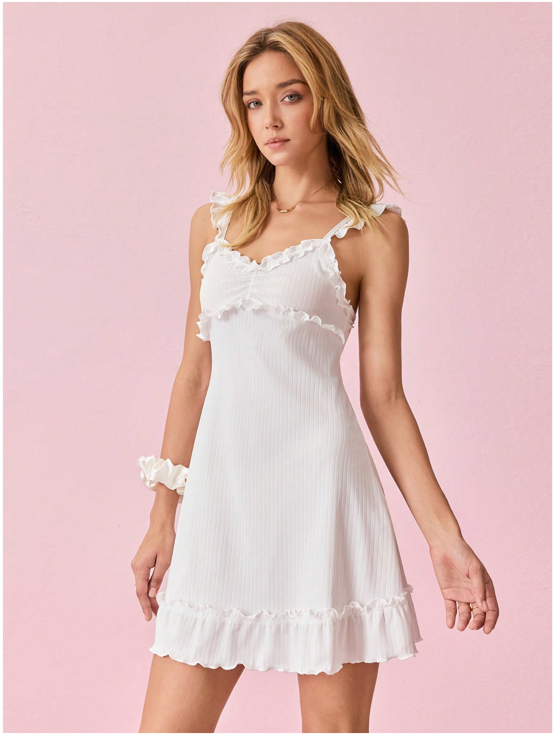 Bonmuse Frill Trim Ruched Bust Ruffle Hem Pajama Nightdress Holiday Seasonfor Summer