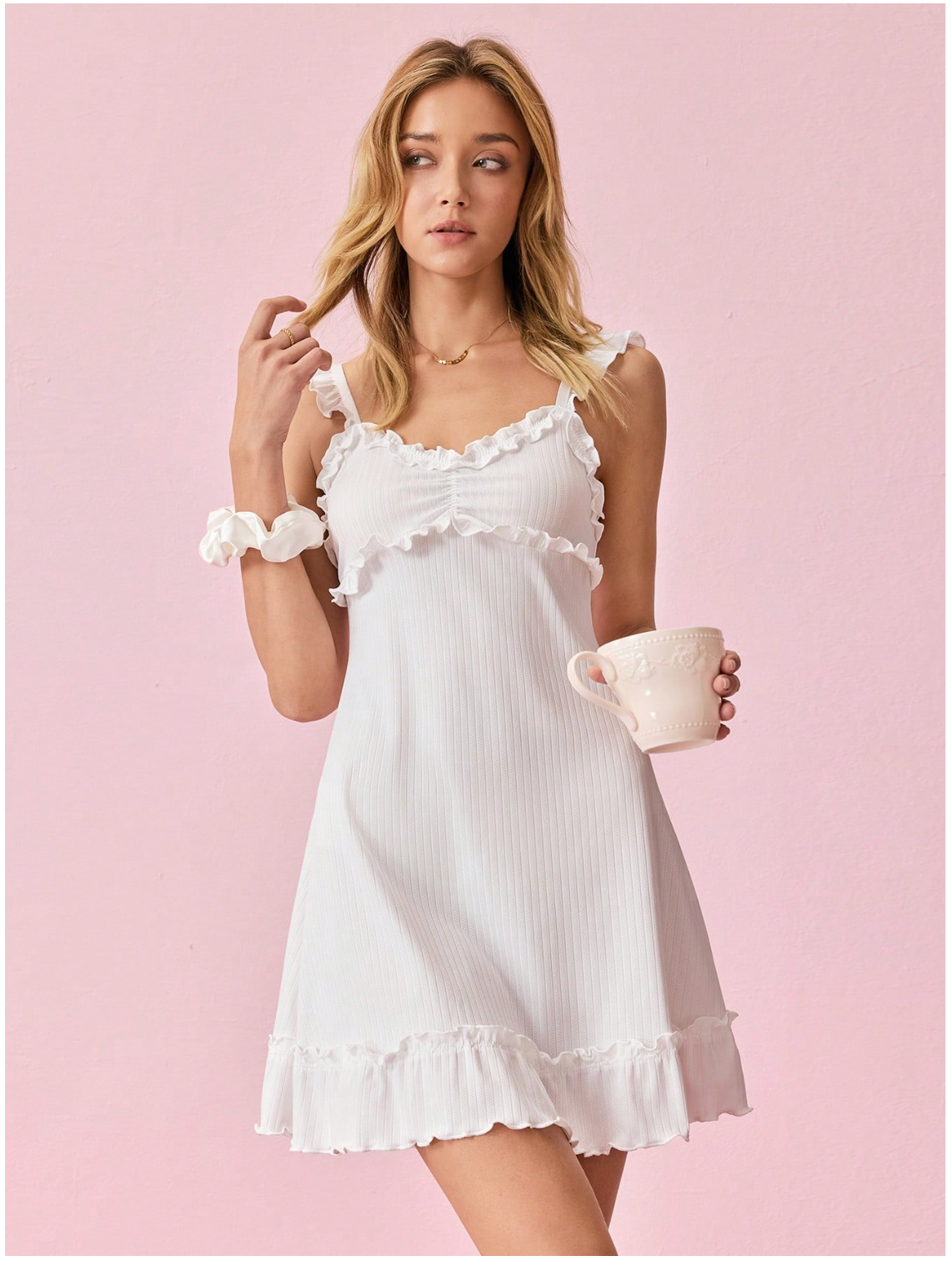 Bonmuse Frill Trim Ruched Bust Ruffle Hem Pajama Nightdress Holiday Seasonfor Summer