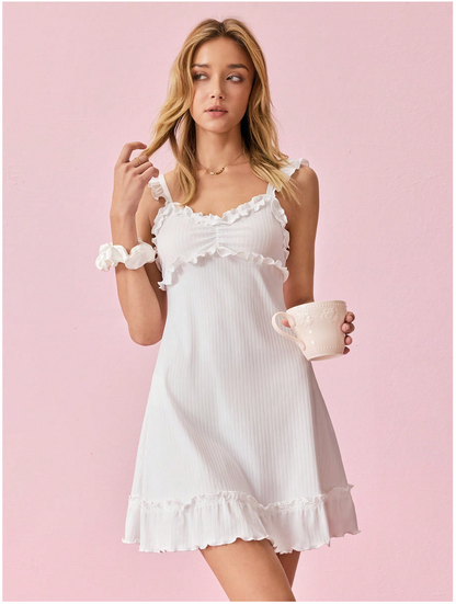 Bonmuse Frill Trim Ruched Bust Ruffle Hem Pajama Nightdress Holiday Seasonfor Summer