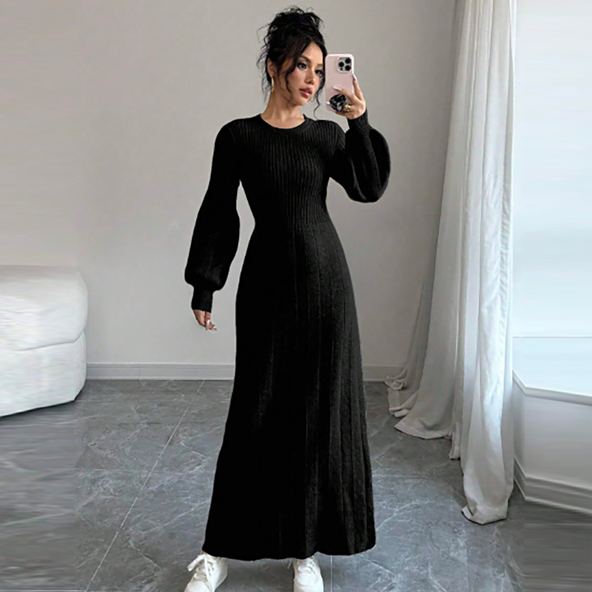 R-Shein - R-Shein Raffin‚àö¬©a Women's Long Sleeve Round Neck Sweater Dress Black Solid Color Loft Casual One Piece Sweater Dress